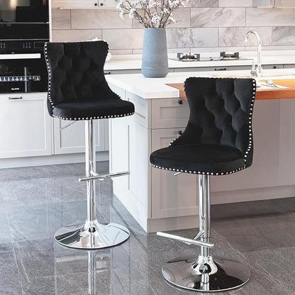 LUMISOL 2 Piece Swivel Velvet Bar Stools, Modern Upholstered Chrome Base Bar Stools with Backs Comfortable Tufted for Home Pub and Kitchen Island, Adjustable Seat Height from 25”-33”, Black