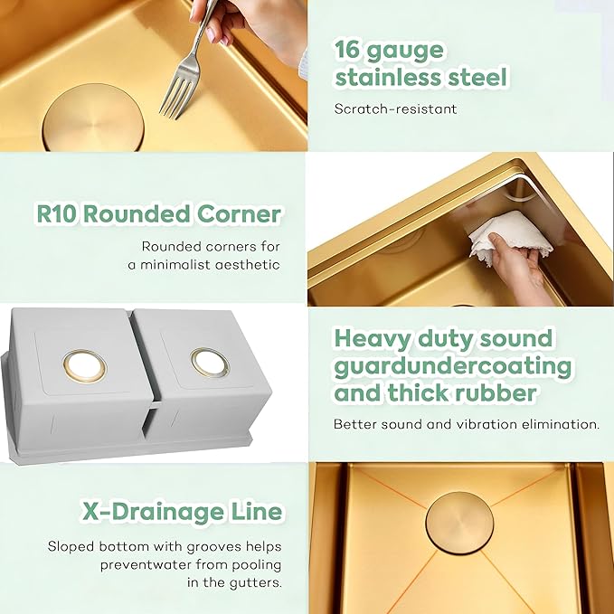 Gold Undermount Kitchen Sink 32 x 18 Inch, 50/50 Double Bowl Kitchen Sinks, 16 Gauge Stainless Steel Workstation Sink with Ledge & Accessories, 32" x 18" x 10" Large and Deep Gold Double Sink