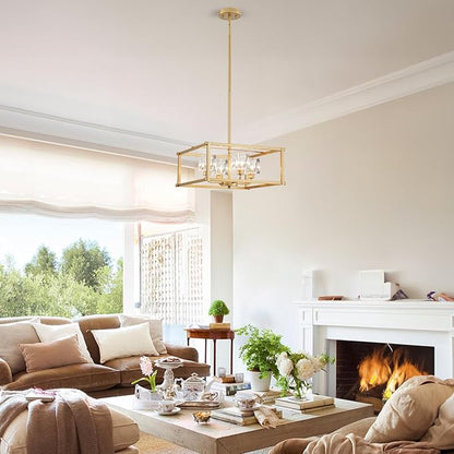 Modern Gold 4-Light Farmhouse Chandelier 15.7" Square Pendant Lighting Fixture Adjustable Height Ceiling Light for Kitchen Living Room Dining Room Hallway Bedroom Foyer