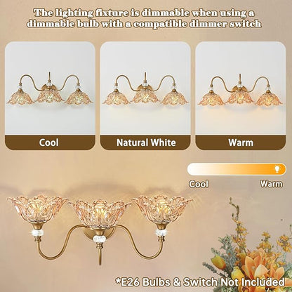 Vintage Bathroom Vanity Light, 3-Light Matte Deep Brass Finish Vanity Light with Flower-Shaped Amber Glass Shades, Retro Wall Sconce for Bathroom
