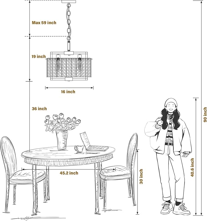 Black & Gold Chandelier Crystal Farmhouse Pendant Light, Semi Flush Mount Ceiling Chandelier Light Fixtures,16" Water Ripple Glass Shade,for Dining Room Kitchen Foyer Entryway