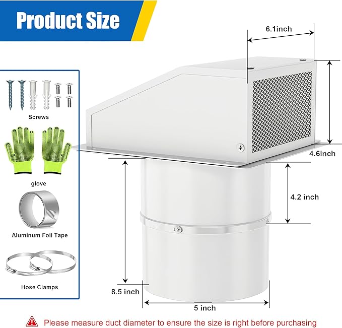 5 inch Dryer Vent Cover Outside Exhaust Vent Hooded Wall Vent Cover with Damper, Galvanized Steel Outdoor Dryer Vent Cap for House, Bathroom,Range Hood, Kitchen,AC Duct Air Ventilation, White