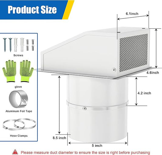5 inch Dryer Vent Cover Outside Exhaust Vent Hooded Wall Vent Cover with Damper, Galvanized Steel Outdoor Dryer Vent Cap for House, Bathroom,Range Hood, Kitchen,AC Duct Air Ventilation, White