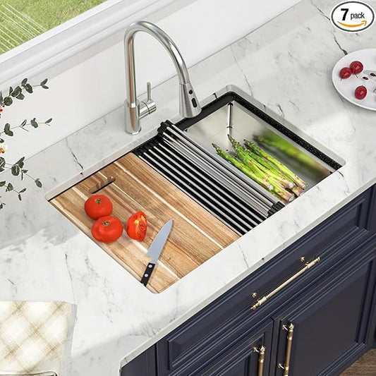 Kichae 28 inch Undermount Kitchen Sink Black - 28"x19" Granite Composite Kitchen Sink Ledge Workstation Undermount Black Quartz 10" Deep Under Counter Single Bowl Sinks