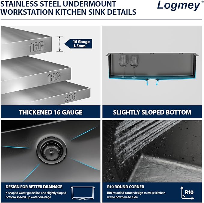 Logmey 33x22 Gun Black Drop in Kitchen Sink with Pull-out Faucet Soap Dispenser 33 Inch 16 Guage Stainless Steel Sinks Single Bowl 9'' Deep Sinks with Cup Washer 33x22x9 LMTB33229-F