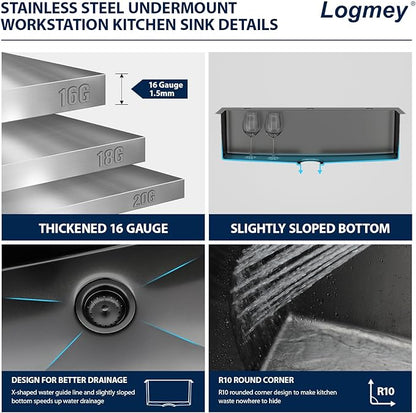 Logmey 33x22 Gun Black Drop in Kitchen Sink with Pull-out Faucet Soap Dispenser 33 Inch 16 Guage Stainless Steel Sinks Single Bowl 9'' Deep Sinks with Cup Washer 33x22x9 LMTB33229-F