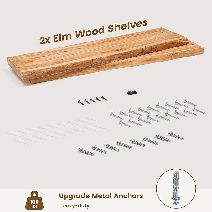 Venusmiles Reclaimed Elm Wood Floating Shelves for Wall, Live Edge 36" W x 9.2" D x 1.4" H, Set of 2 Invisible Wall Mounted Shelves for Living Room Bedroom Kitchen Bathroom Decor, Natural Finish