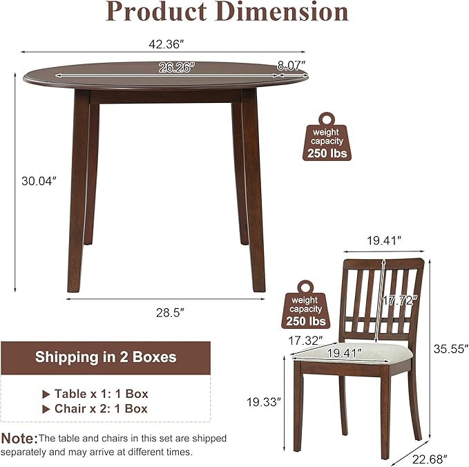 Merax 3-Piece Drop Leaf Round Dining Table Set for 2, Farmhouse Kitchen Table Set with Extendable Round Table and 2 Upholstered Chairs. Wood Table and Chairs Set for Dining Room, Living Room, Brown