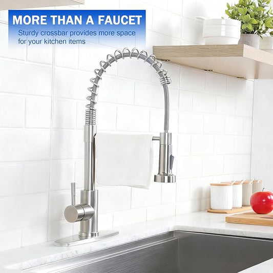 Comllen Kitchen Faucet with Pull Down Sprayer Brushed Nickel Stainless Steel 1 Handle Pull Out Spring Sink Faucets 1 Hole Or 3 Hole Dual Function for Outdoor Utility Camper Laundry Rv Wet Bar