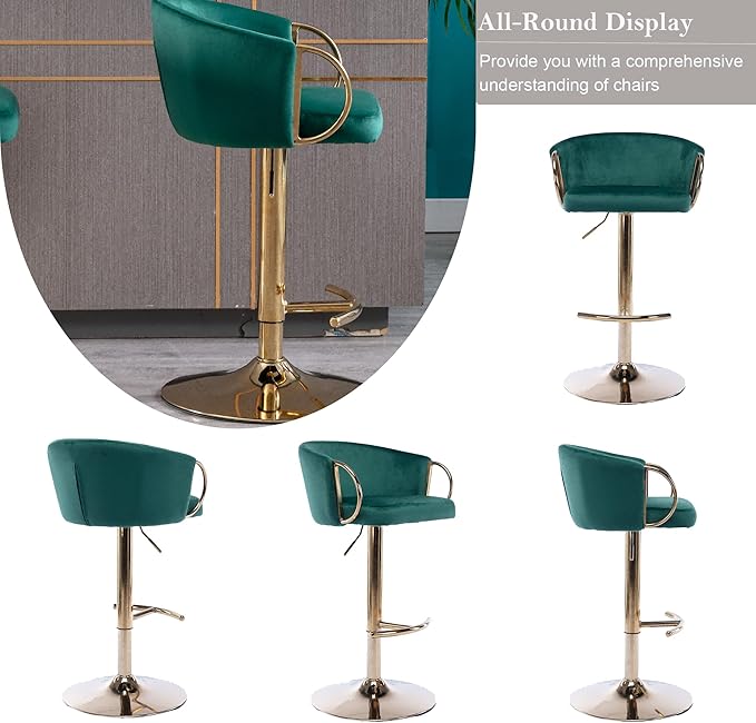 Rhomtree 24-32 Inch Swivel Bar Stools, Adjustable Counter Height Barstools with Gold Stable Metal Frame Footrest, Upholstered Bar Chairs for Home Bar Kitchen Island(Green Set of 6)