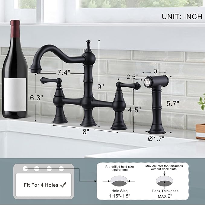 WOWOW Black Kitchen Faucet with Side Sprayer, 4 Hole Brass Kitchen Faucets for Sink, 2 Handle 8 Inch Centerset Bridge Faucet Vintage Farmhouse Copper Kitchen Sink Faucets