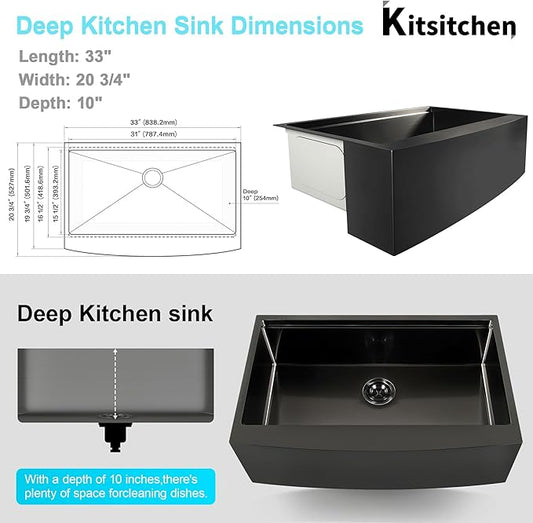 Kitsitchen 33 Inch Black Farm Sink, 16 Gauge T-304S Stainless Steel Single Bowl Farmhouse Kitchen Sinks, 33" x 20" x 10" Large and Deep Apron Front Workstation Sink with Accessories