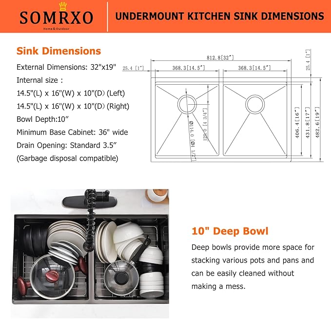 32 Inch Black Undermount Kitchen Sink Double Bowl - 32x19 Undermount Workstation Sink 16 Gauge Black Stainless Steel 10 Inch Deep Double Bowl Kitchen Sinks
