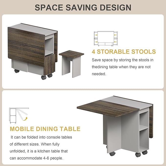 Folding Dining Table with Wheels, Wood Folding End Table with Wheels, Dining Table with Storage Rack and Drawers (Brown+Gray, 55.12)