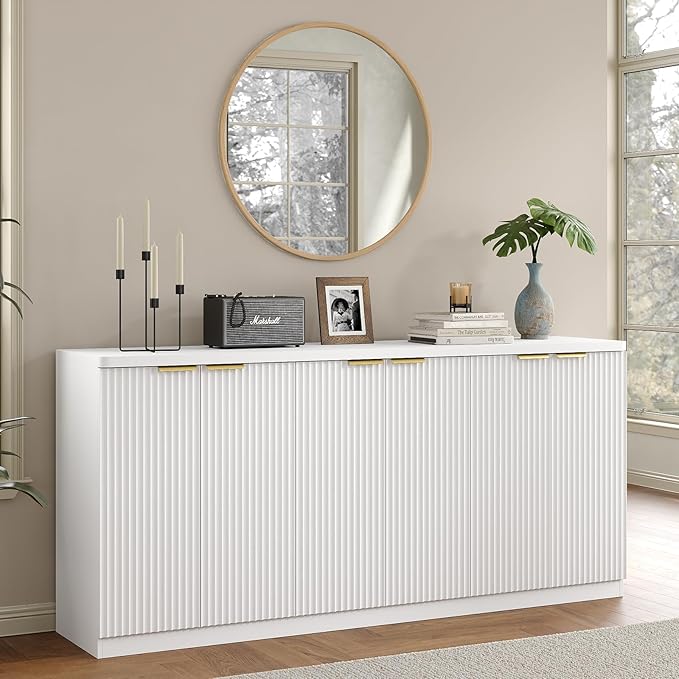 Yanosaku 70" Large Buffet Sideboard Cabinet, Fluted Cabinet 6 Doors, Buffet Table Coffee Bar Wine Bar Storage Cabinet for Dining Room, Living Room, White