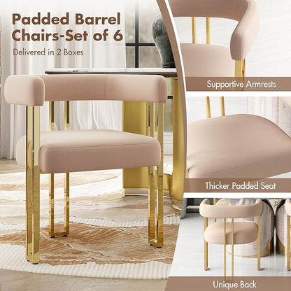 Hyfirm Velvet Dining Chairs Set of 6, Khaki Upholstered Barrel Armchairs with Gold Metal Legs for Kitchen Island, Mid Century Modern Accent Side Chairs for Dining Room and Living Room, Open-Back
