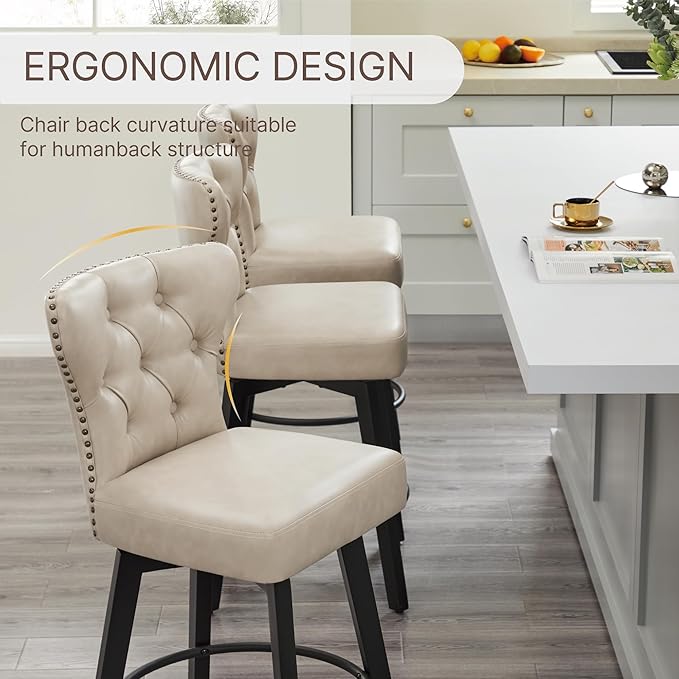 KISLOT Counter Height Barstools 26 inch Upholstered Button Tufted Swivel Bar Stools with Back for Kitchen Island,Set of 2,Beige PU Leather