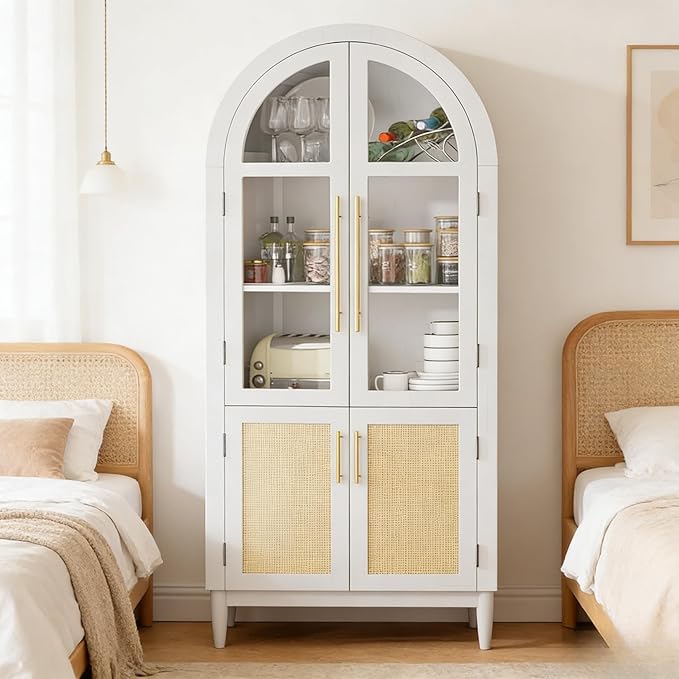 71” Tall Arched Kitchen Pantry Cabinet, 5-Tier Modern Farmhouse Flute Pantry with Adjustable Shelves, Kitchen Storage Cabinet for Kitchen, Dining Room, Living Room, White