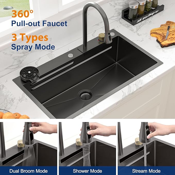 Sarlai 33 Inch Black Waterfall Kitchen Sink 33x19 Drop In Workstation Kitchen Sink Stainless Steel 16 Gauge Topmount Single Bowl Multifunctional Top Mount Sinks with Faucet Combo