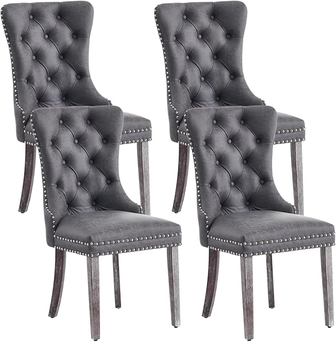 Eifizek Leather Dining Chair Set of 4, Dining Room Chairs with Nailhead Ring Pull Trim, Upholstered Dining Chairs with Solid Wood Legs for Kitchen Dining Room (Grey)
