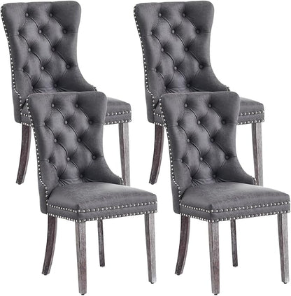 Eifizek Leather Dining Chair Set of 4, Dining Room Chairs with Nailhead Ring Pull Trim, Upholstered Dining Chairs with Solid Wood Legs for Kitchen Dining Room (Grey)