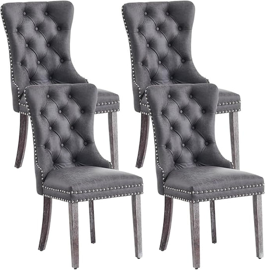 Eifizek Leather Dining Chair Set of 4, Dining Room Chairs with Nailhead Ring Pull Trim, Upholstered Dining Chairs with Solid Wood Legs for Kitchen Dining Room (Grey)