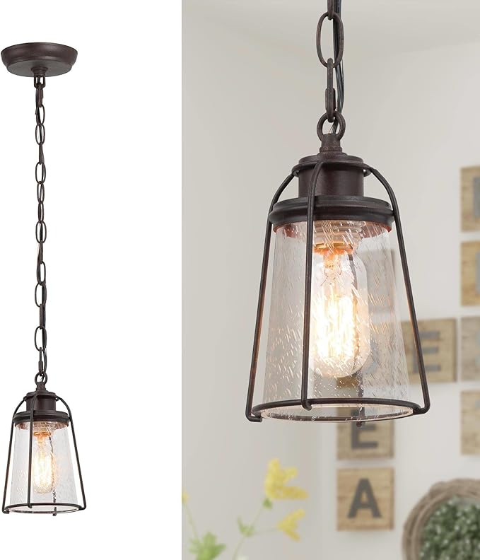 classy leaves Pendant Lights, Farmhouse Hanging Light Fixtures with Seeded Glass Shade, Brown Pendant Lighting Kitchen Island for Foyer, Hallway, Entryway