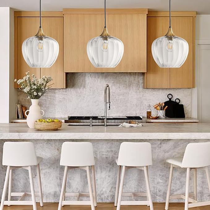 Clear Glass Pendant Lights Kitchen Island, 9" Round Lampshade Vintage Hanging Lamp Ceiling Lighting Fixtures, Gold Modern Chandelier for Dining Room Restaurant Bedroom Foyer Entryway