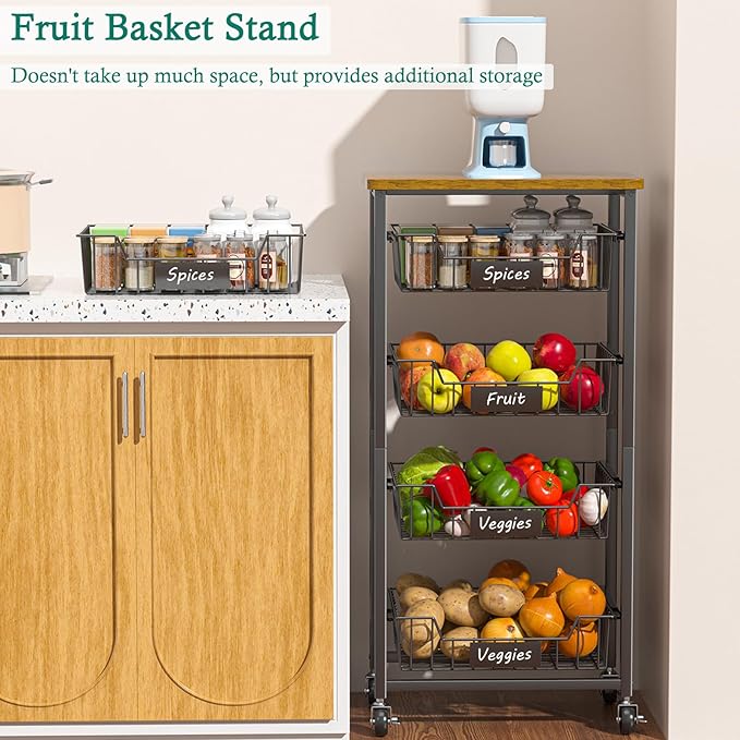 XYZLVSI Kitchen Storage Cart with Wheels, 5-Tier Metal Utility Rolling Cart Fruit Vegetable Storage Basket Pantry Rack with Wood Top & Pull Out Baskets for Kitchen, Livingroom, Diningroom, Office
