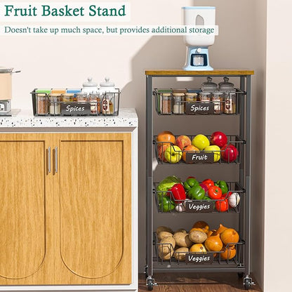 XYZLVSI Kitchen Storage Cart with Wheels, 5-Tier Metal Utility Rolling Cart Fruit Vegetable Storage Basket Pantry Rack with Wood Top & Pull Out Baskets for Kitchen, Livingroom, Diningroom, Office