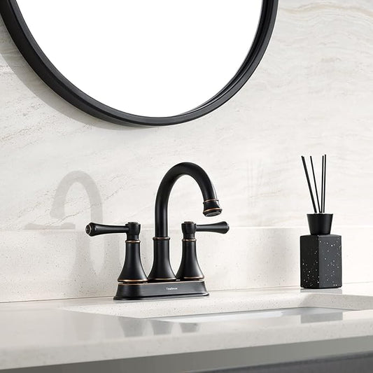 TimeArrow Oil Rubbed Bronze 2 Handle Centerset Bathroom Sink Faucet with Pop up Drain, High Arc Modern 4 Inch Bathroom Vanity Lavatory Faucet for 3 Holes with Brass 360° Swivel Spout, TAF067Y-ORB