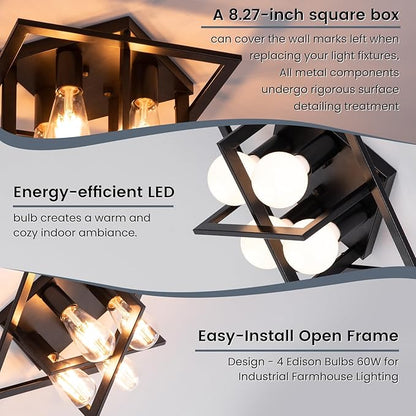 4 Light Industrial Ceiling Light Black Semi Flush Mount Lights Close to Ceiling Light Fixtures,frame cage design Farmhouse Ceiling Lighting for Kitchen Bedroom Bathroom Foyer Hallway (E26, 1Pack)