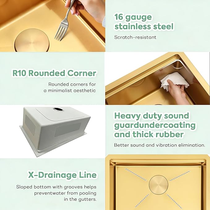 Gold Undermount Kitchen Sink, 16 Gauge T-304 Stainless Steel All In One Workstation Sinks With Full Set Accessories, 30" x 18" x 10" Large and Deep Handmade Single Bowl Kitchen Sinks