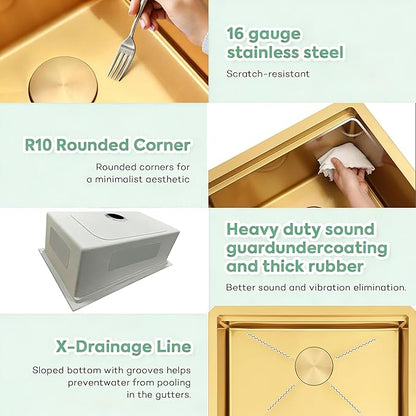 Gold Undermount Kitchen Sink, 16 Gauge T-304 Stainless Steel All In One Workstation Sinks With Full Set Accessories, 30" x 18" x 10" Large and Deep Handmade Single Bowl Kitchen Sinks
