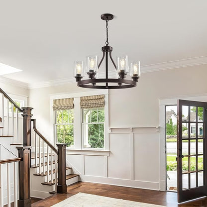 Lanhall 6-Light Farmhose Chandelier for Dining Room Light Fixture Oil Rubbed Bronze Kitchen Pendant Light Round Rustic Ceiling Hanging Lighting with Glass Globes Adjustable Height Metal E26