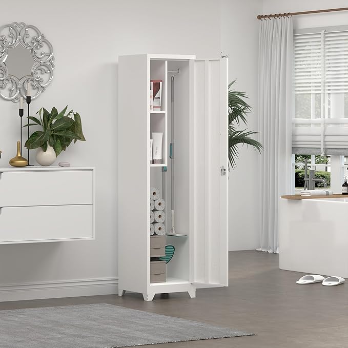 Slim Broom Storage Cabinets, Metal Cabinet with Shelves and Hanging Rod, 15.75" W Utility Storage Cabinet with Locking Door, Slim Cabinet for Small Spaces, Kitchen, Pantry, Office, Shop