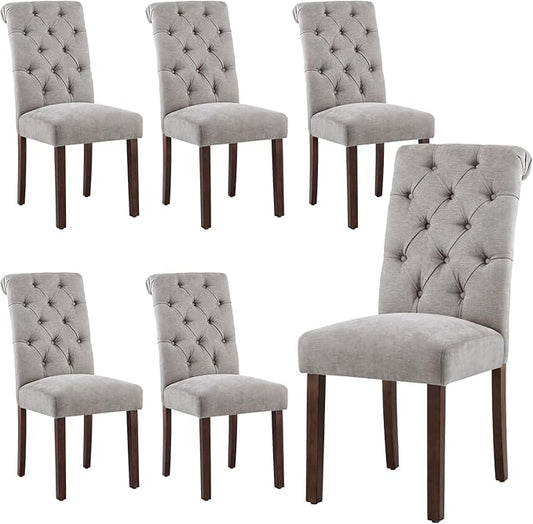 Tufted Dining Chairs Set of 6, Upholstered Parsons Dining Room Chairs, Fabric Kitchen Side Chair with Wood Legs, Light Grey