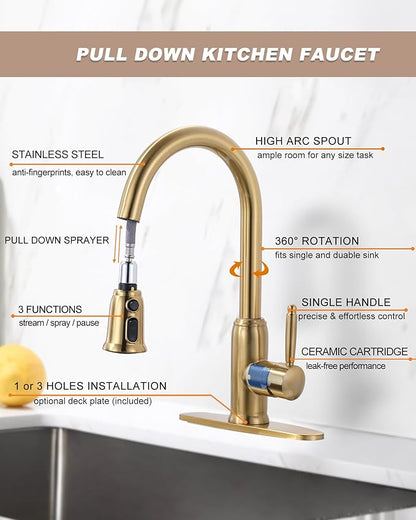 WOWOW Gold Kitchen Faucet with Sprayer - 304 Stainless Steel Kitchen Sink Faucet High Arc Pull Down Design for 1 or 3 Hole, Vintage Style