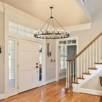 24-Light Black Wagon Wheel Chandelier, 54 Inch Large Chandeliers for High Ceilings, Farmhouse Dining Room Light Fixture, for Living Room, Foyer, Entryway