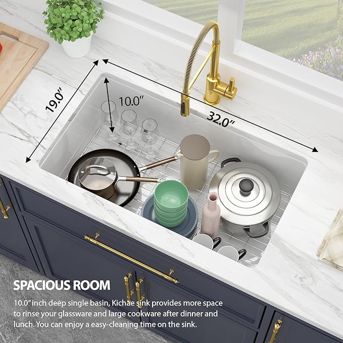 Kichae 32 Inch White Undermount Sink Fireclay 32x19 Inch White Kitchen Sink Dual Drop in & Undermount Kitchen Sinks Single Bowl Deep Porcelain Ceramic Sinks