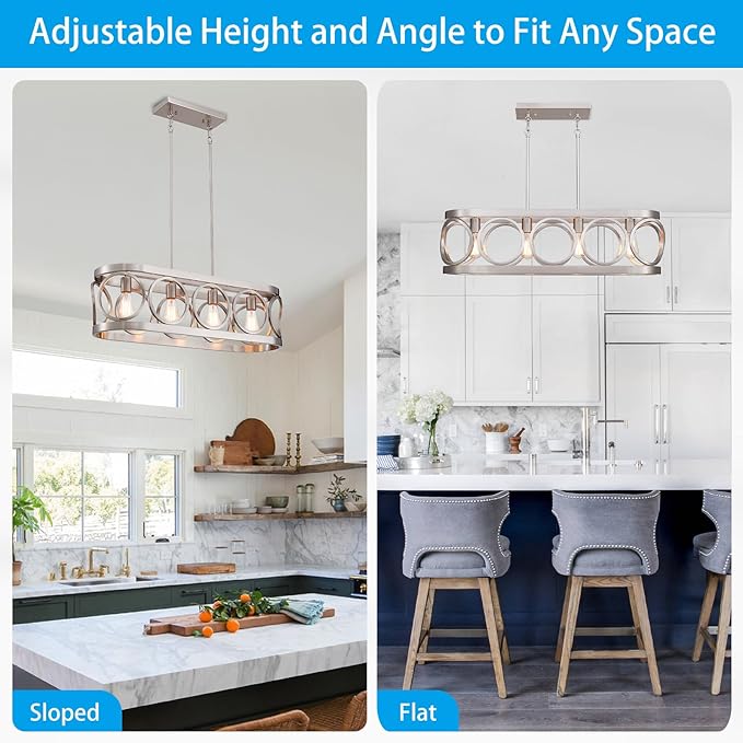 XINGQI Kitchen Island Chandelier for Dining Room Modern Farmhouse Brushed Nickel Rectangle Pendant Lighting Fixture Vintage Linear Hanging 4-Light Rustic Living Room Lights