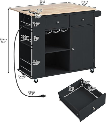 Ball & Cast Kitchen Island with Power Outlet,Kitchen Island with Drop Leaf and Rubber Wood,Open Storage and Wine Rack,5 Wheels,W/Adjustable Storage for Home,Kitchen,Dining Room,Black,40"