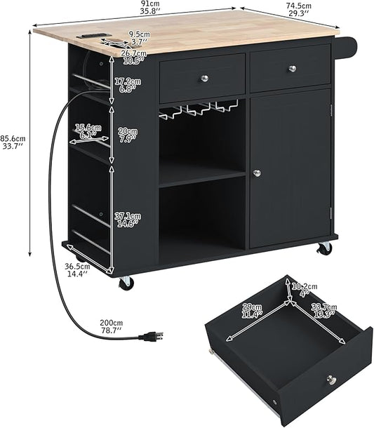 Ball & Cast Kitchen Island with Power Outlet,Kitchen Island with Drop Leaf and Rubber Wood,Open Storage and Wine Rack,5 Wheels,W/Adjustable Storage for Home,Kitchen,Dining Room,Black,40"