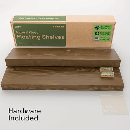 BAOBAB WORKSHOP Wood Floating Shelves, Bathroom Shelf 24 inch, Walnut Floating Shelf for Wall Mounted, Solid Wooden Wall Shelves for Bedroom Kitchen, Walnut Finish, 24 x 6.7, Set of 2