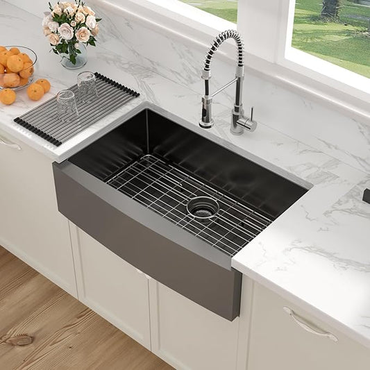 Sarlai 33 Black Farmhouse Kitchen Sink - 33 Inch Kitchen Sink Gunmetal Black Stainless Steel 16 gauge Apron Front Sink Deep Single Bowl Farm Sink