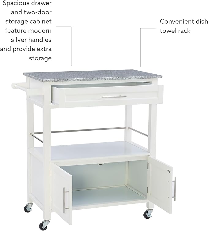 Linon Kyler White Granite Topped Kitchen Cart with Lockable Casters and Hidden Storage Spaces