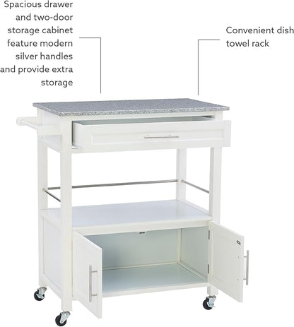 Linon Kyler White Granite Topped Kitchen Cart with Lockable Casters and Hidden Storage Spaces