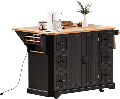 Ball & Cast 56" Large Kitchen Island with Drop Leaf and Power Outlet,Rolling Kitchen Cart on 4 Wheels W/ 6 Drawers,Folding Storage Dining Table W/Spice & Towel Rack,for Kitchen,Dining Room,Black
