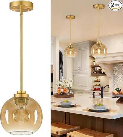 MQMQA 2 Pack 7.2-Inch Globe Pendant Lights, Mid Century Gold Pendant Light Fixtures, Amber Glass Pendant Lights Kitchen Island Adjustable Hanging Fixture for Dining Room Bulbs not Included