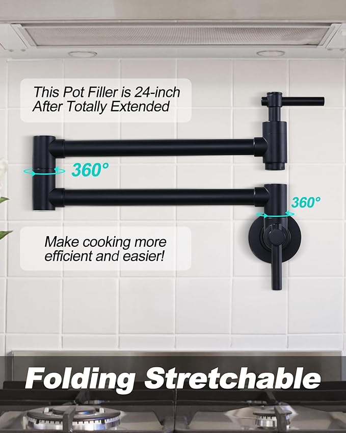 Pot Filler Faucet Wall Mount, Folding Kitchen Faucet with Double Joint Swing Arm, Single Hole Stretchable Brass Faucet with 2 Handles, Black Pot Filler Above Stove